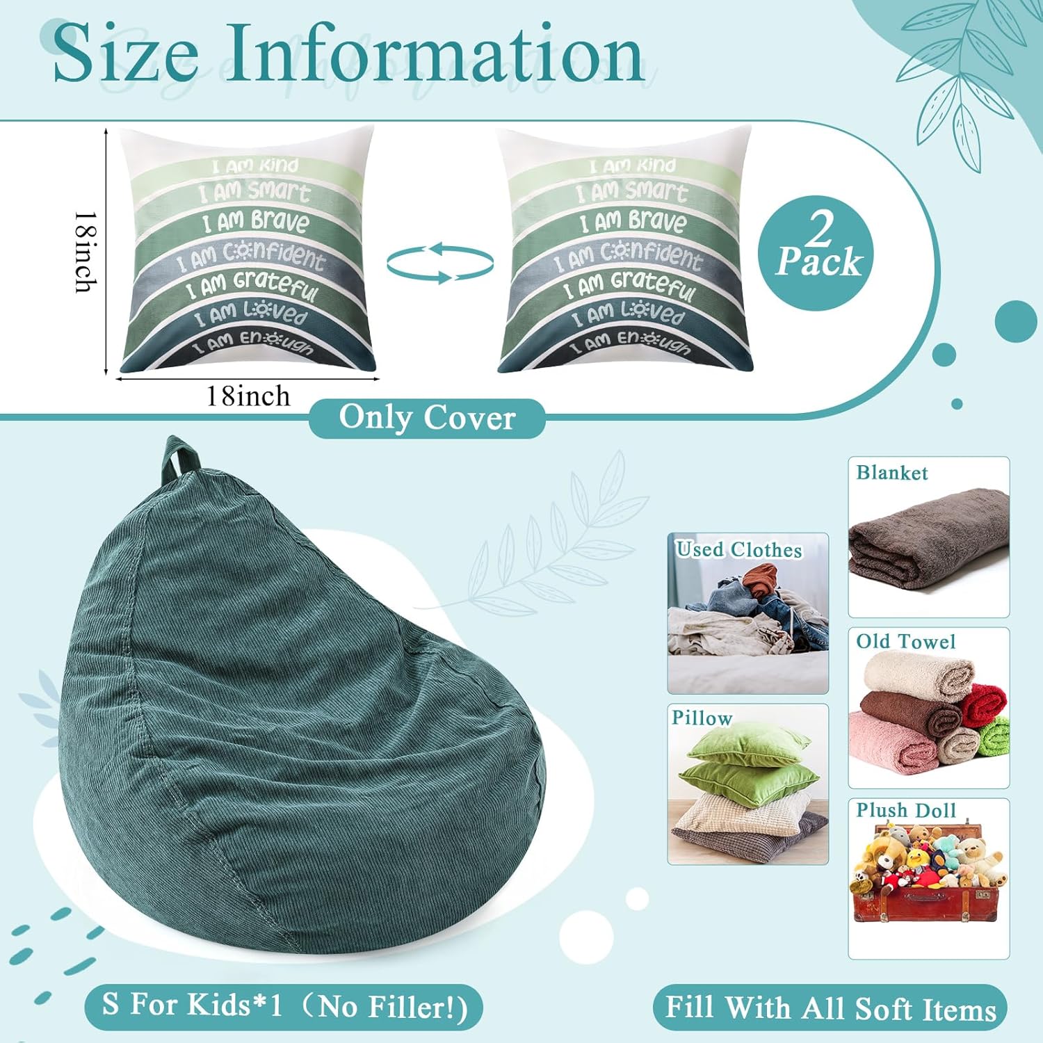 Cozy Corner for Kids Classroom Storage Bean Bag Chair Cover (No Filler) with Rainbow Throw Pillow Covers, Bean Bag Chair for Reading Nook, Classroom, Nursery(Small, Rainbow, Green)