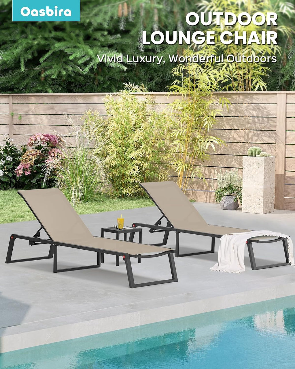 Aluminum Chaise Lounge Chair Outdoor, Foldable Patio Pool Lounge Chairs 5-Position Recliner for Outside, No Assembly Sun Lounger for Poolside, Khaki, 2 Chairs&1 Side Table