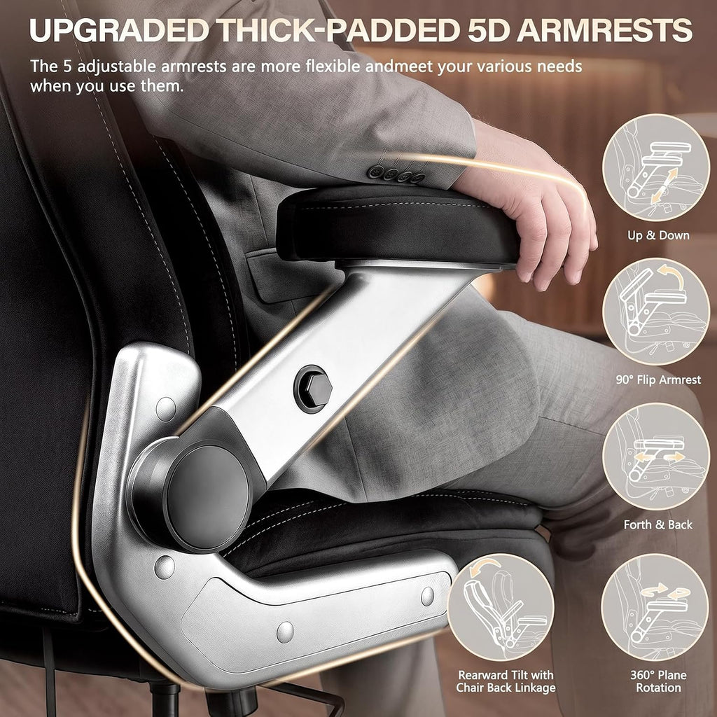 650LBS Big and Tall Office Chair with 5D Flip Arms and Thick Pocket Spring Cushion, Extra Wide Heavy Duty Office Chair & Adjustable Lumbar Support, Large High Back Computer Chair Dual Rubber Wheel