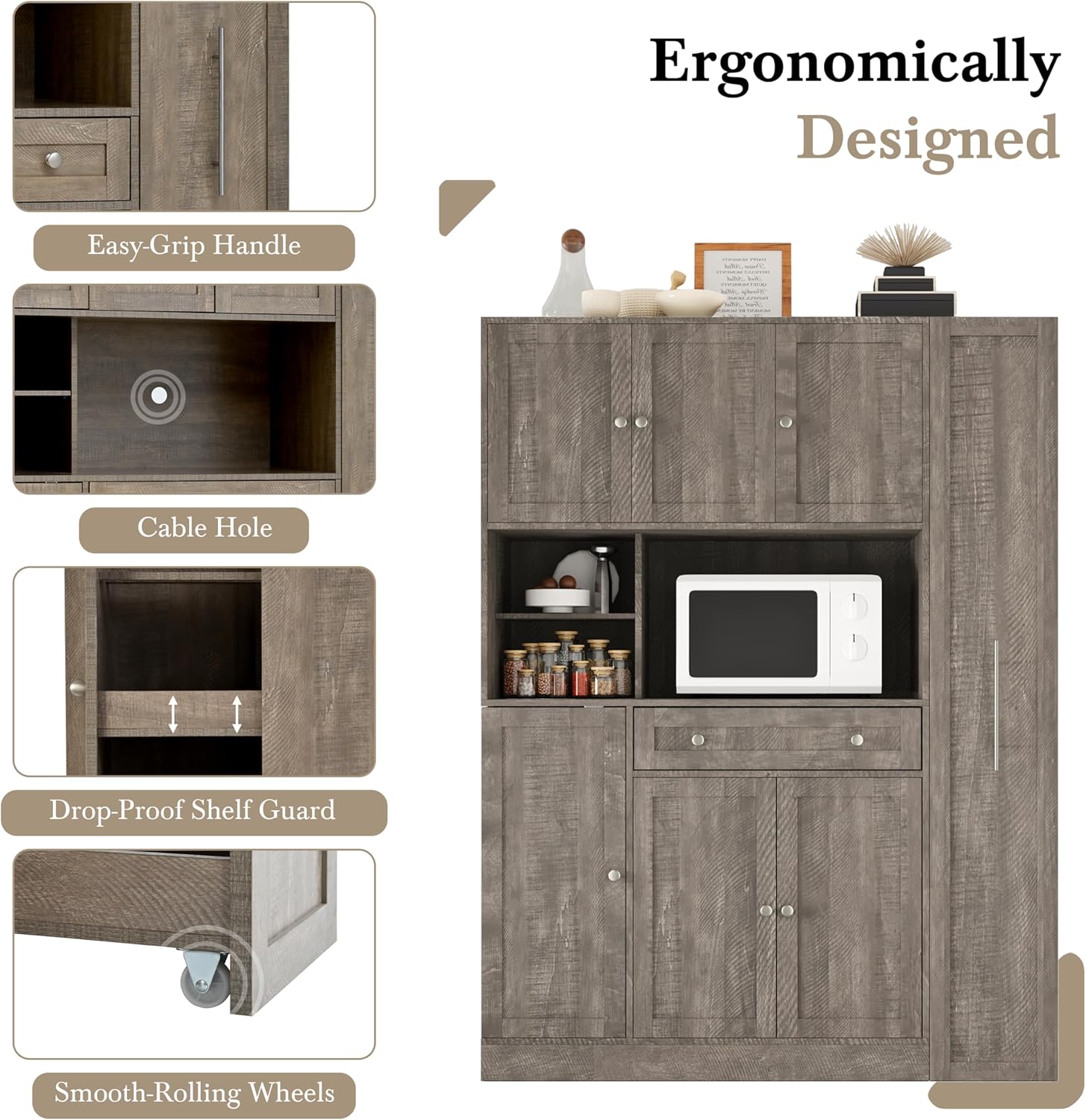 Merax Farmhouse Pantry Storage Cabinet, Freestanding Buffet Cabinet with Pull-Out Side Cabinet, Door Shelves and Drawer, Kitchen Hutch with Doors,Brown(52.8x17.7x70)