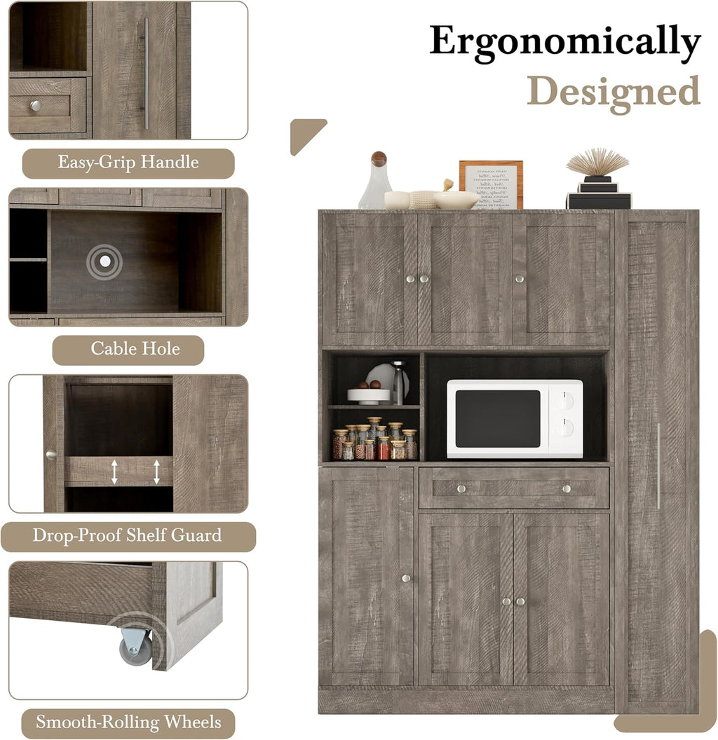 roomfitters Large Kitchen Pantry Cabinet with Pull-Out Side Storage and Hutch, Shaker Style Buffet, Brown
