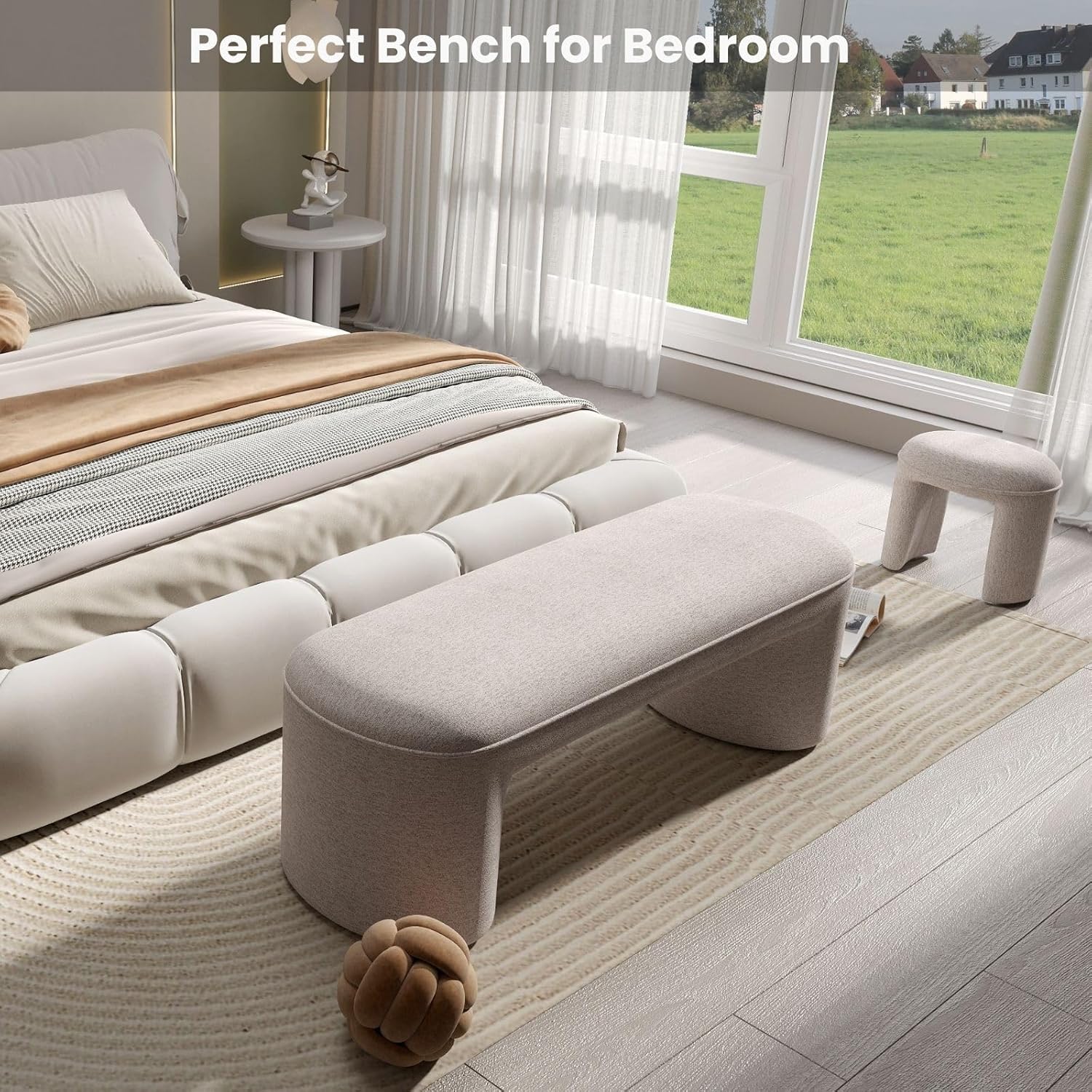53" Upholstered End of Bed Bench with 2 Nesting Ottoman Stools, Modern Chenille Bedroom Bench for King/Queen Bed, Arched Vanity Entryway Bench Seat for Living Room, Oatmeal