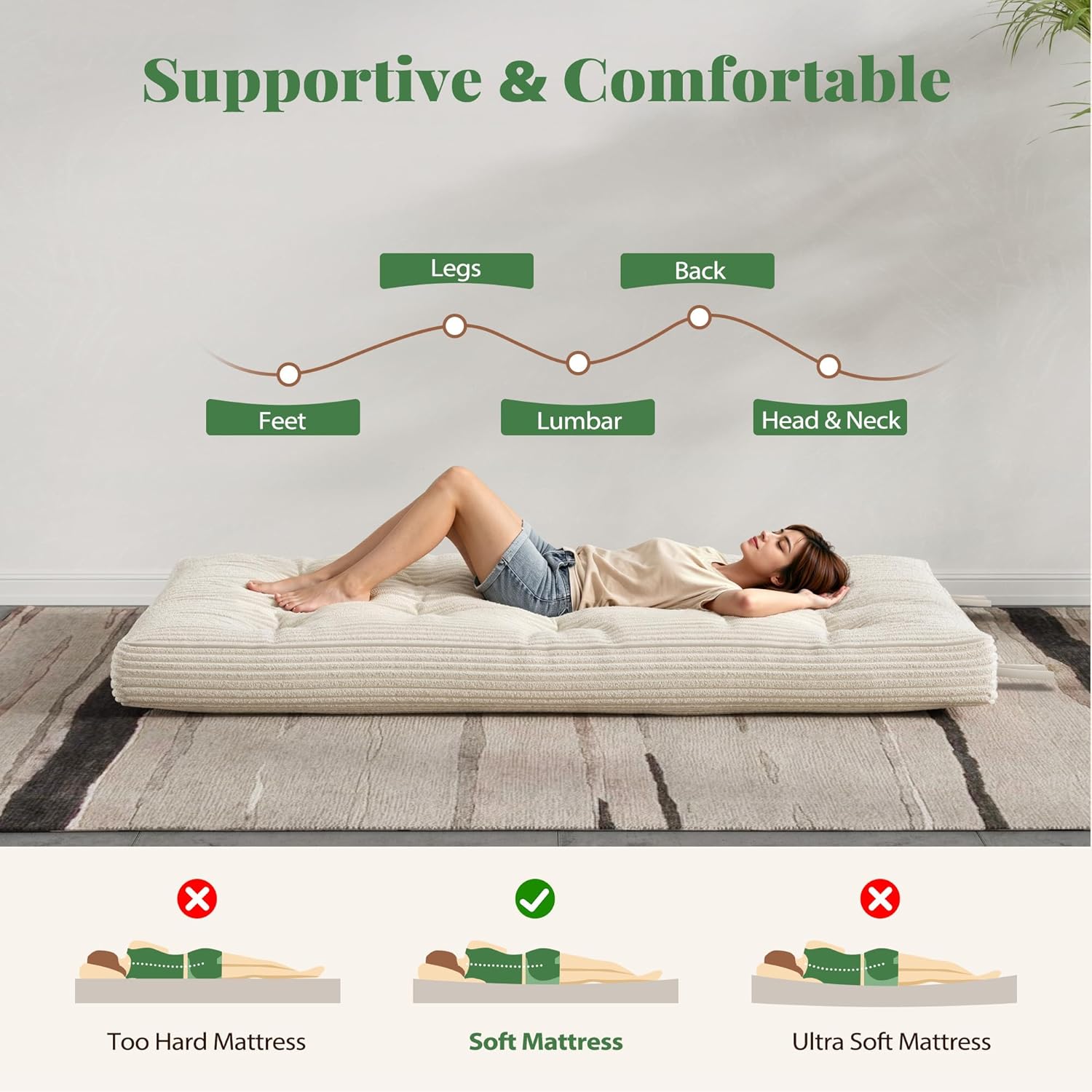 6" Futon Mattress Queen Size, Corded Fabric Floor Mattress with Straps, Foldable Japanese Tatami Mattress, Portable Sleeping Pad for Camping Guest Room Dormitory (Frame Not Included), Beige