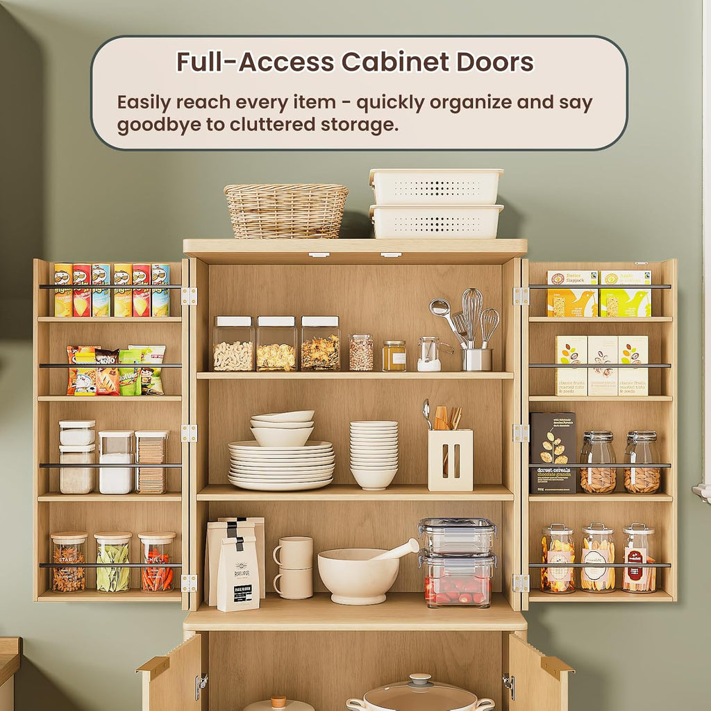 Modern Fluted Wood Pantry Cabinet with 6 Adjustable Shelves & 8 Door-Mounted Spice Racks - Wall-Secure Storage Organizer for Kitchen, Dining, Living Room (Oak)