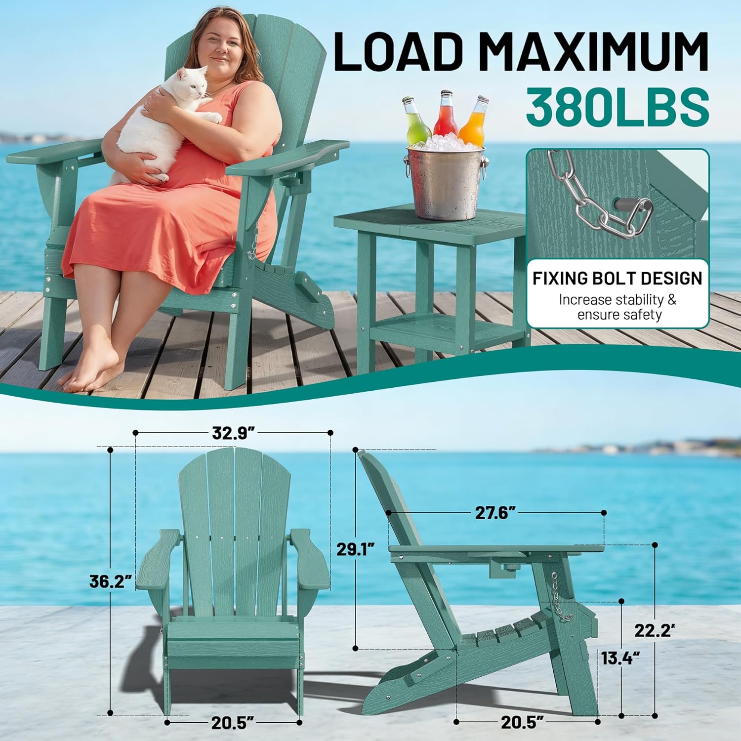 PLUUV Folding Adirondack Chair Set of 2, Hdpe All-Weather Patio Chairs with Cup Holder, Wooden Textured Fire Pit Chairs, Outdoor Chair for Poolside, Backyard, Deck（Aruba）