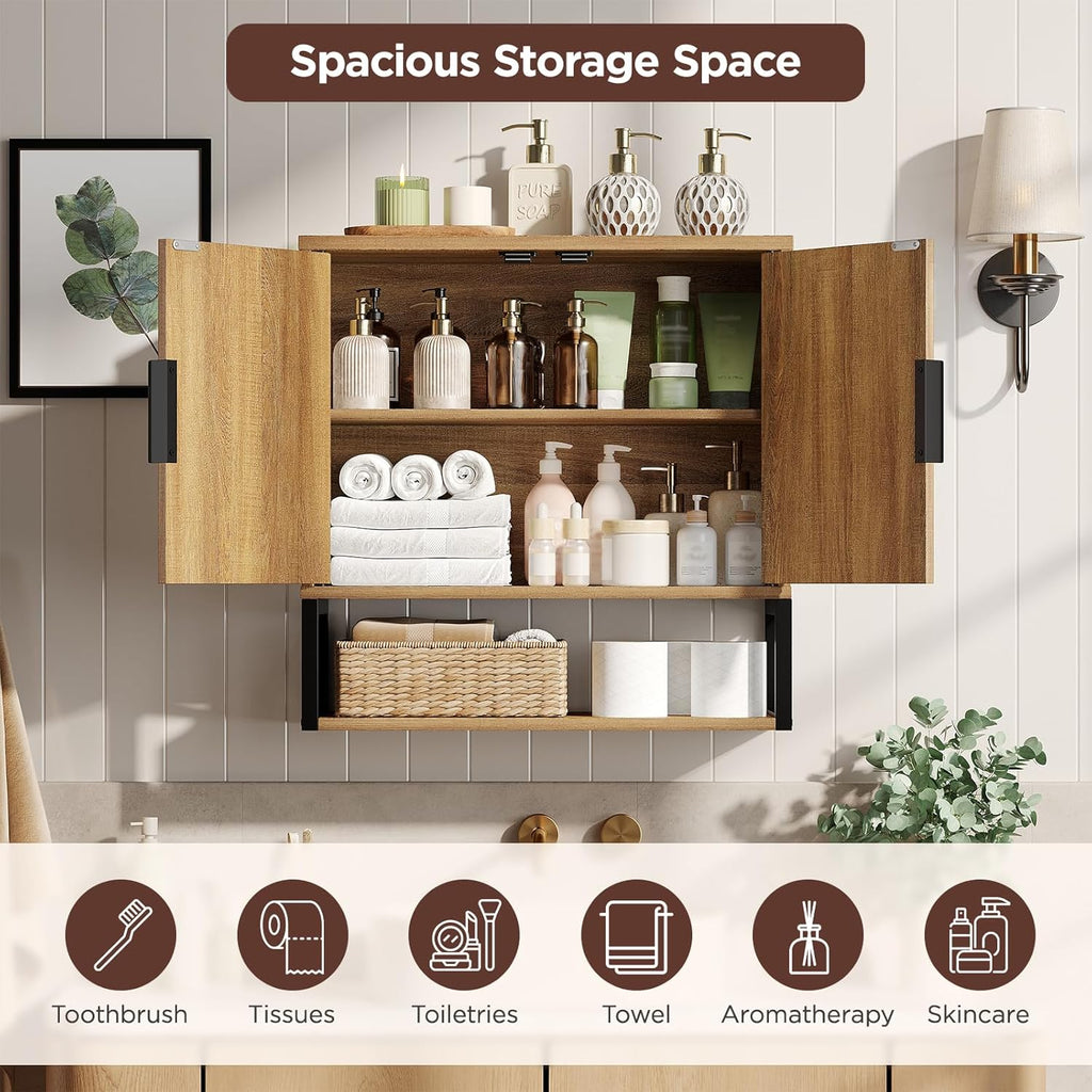FiveWillowise Fluted Bathroom Wall Storage Cabinet with Open Shelf, Floating Wall Mounted Medicine Cabinet with Adjustable Shelves, Over The Toilet for Bathroom, Laundry Room, Kitchen, Natural Oak