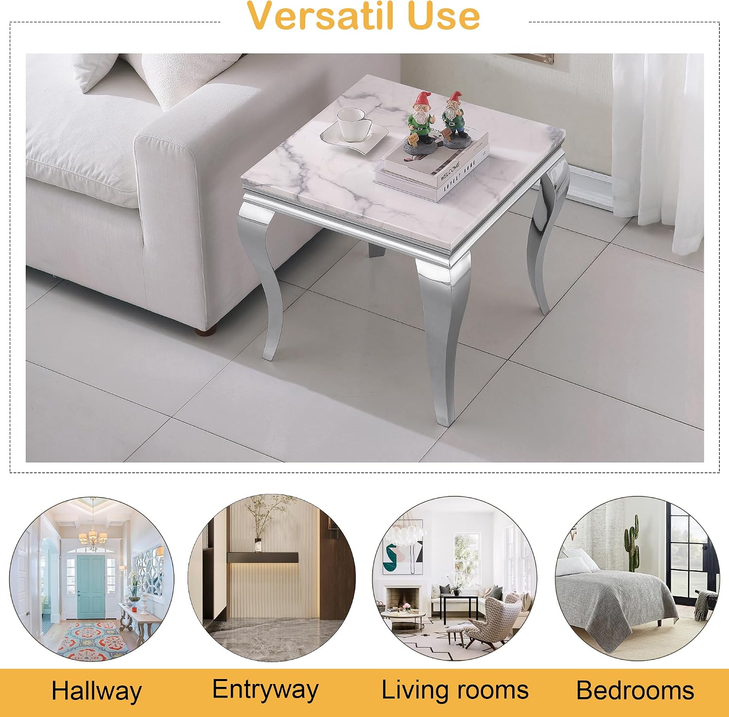 Marble End Table, Modern White Faux Marble Sofa Side Table with Silver Stainless Steel Legs, Luxury Sqaure Accent Side Table Bedside Table Nightstand for Living Room Bedroom Office