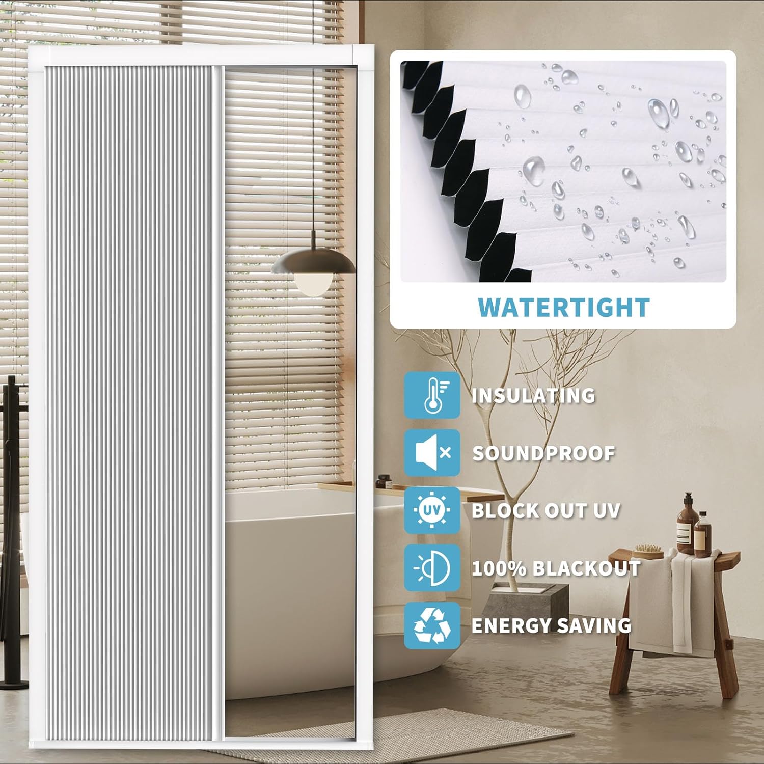 MYshade Custom Size Interior Accordion Folding Door, Aluminum Frame with Heat-Insulating Cellular Fabric, No-Drill Room Divider for Bedroom, Bathroom, Closet（White）