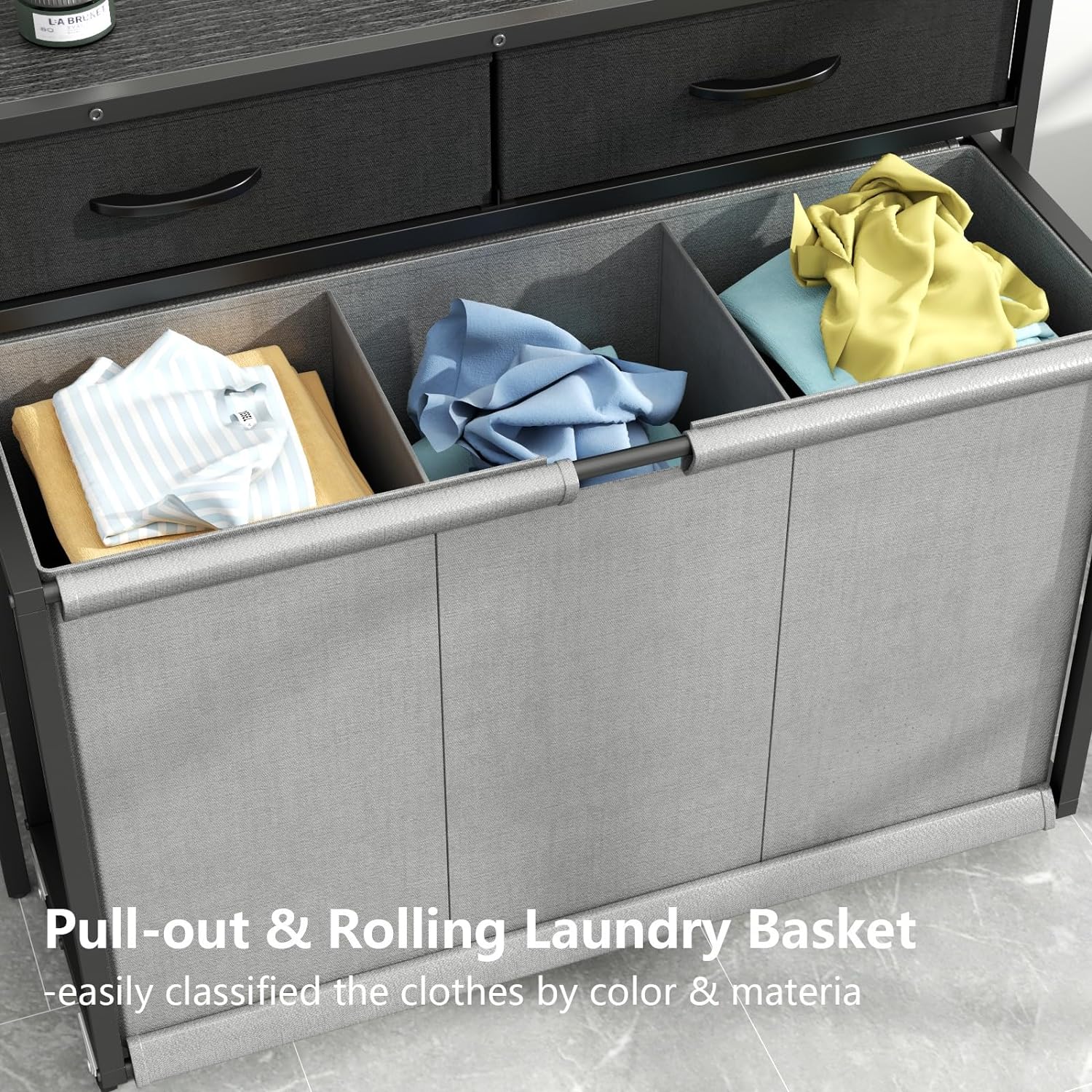 STIKELY Laundry Hamper Laundry Basket with 3 Section Pull-Out Rolling Bags, Laundry Sorter for Organization and Storage with 2 Pull-Out Drawers for Laundry Room, Bathroom, Bedroom Use (Black)