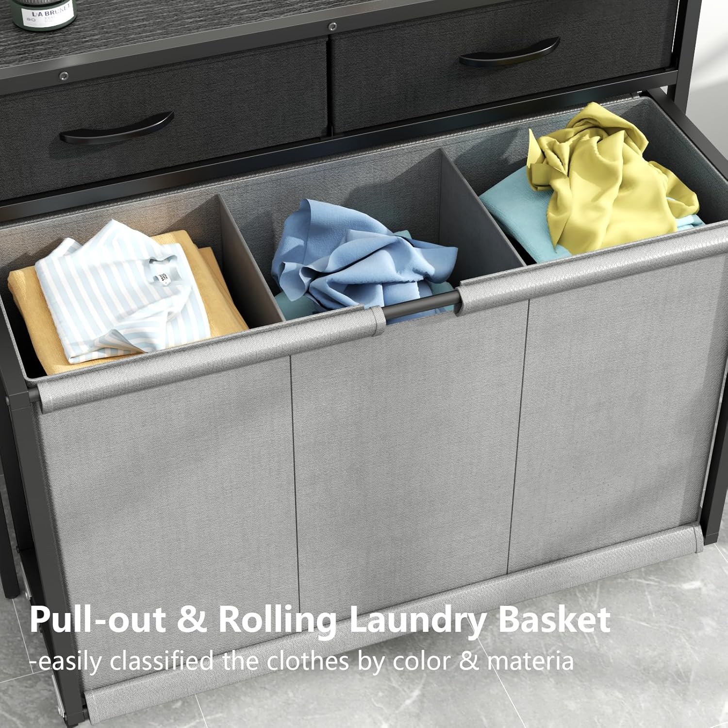 STIKELY Laundry Hamper Laundry Basket with 3 Section Pull-Out Rolling Bags, Laundry Sorter for Organization and Storage with 2 Pull-Out Drawers for Laundry Room, Bathroom, Bedroom Use (Black)