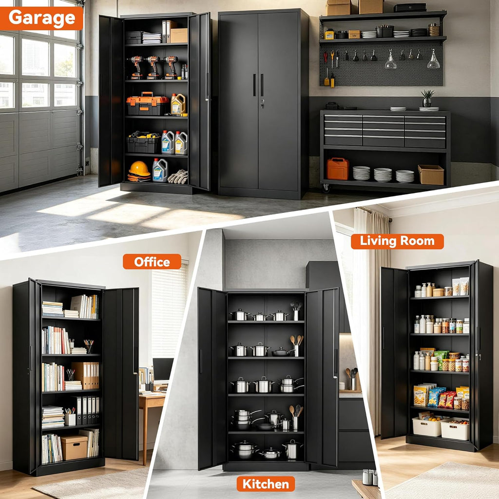 SAWJEC Metal Storage Cabinet with Lock, 72"H Tall Garage Storage Cabinet, Heavy Duty Steel Locking Cabinet with 4 Adjustable Shelves, Black File Cabinet for Home Office Workshop, 18"D x 35"W x 72"H