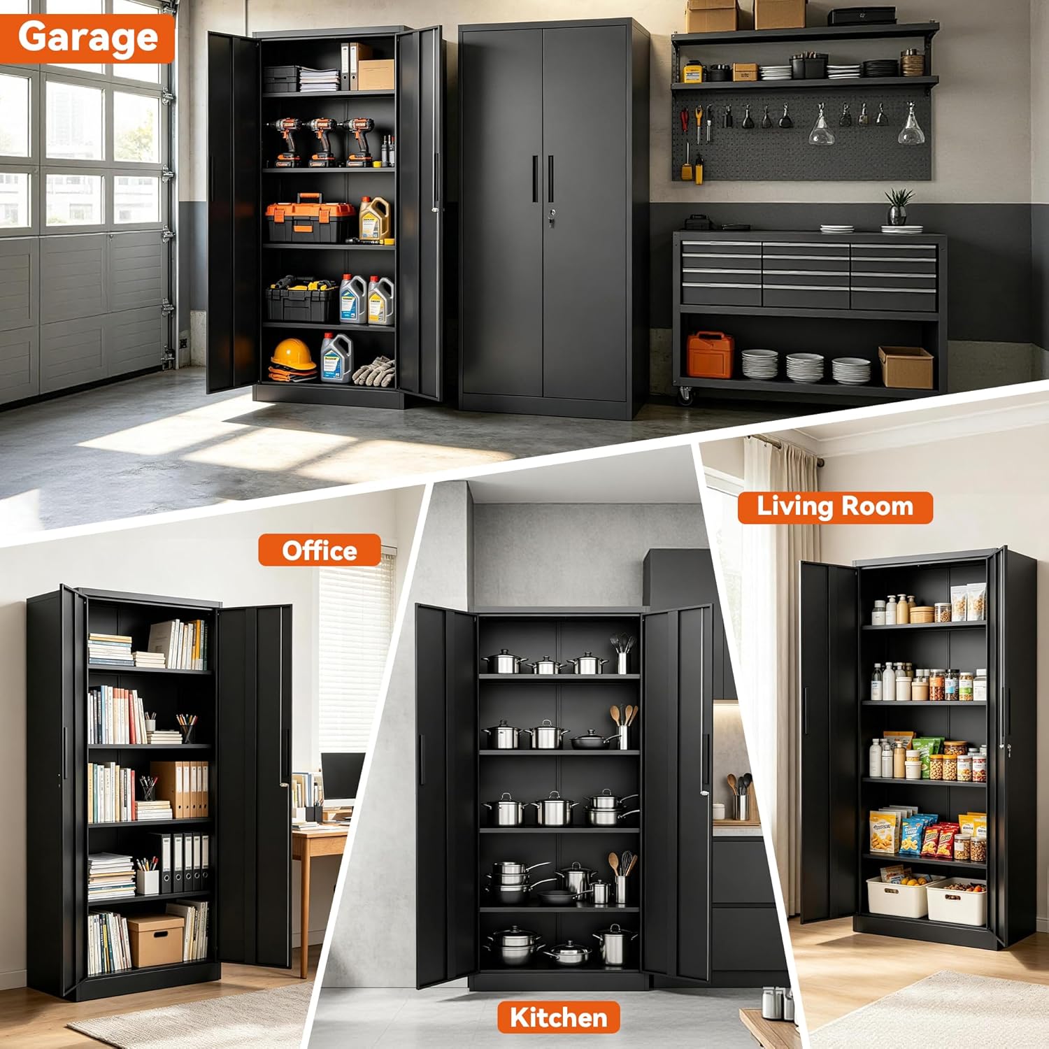 SAWJEC Metal Storage Cabinet with Lock, 72"H Tall Garage Storage Cabinet, Heavy Duty Steel Locking Cabinet with 4 Adjustable Shelves, Black File Cabinet for Home Office Workshop, 18"D x 35"W x 72"H