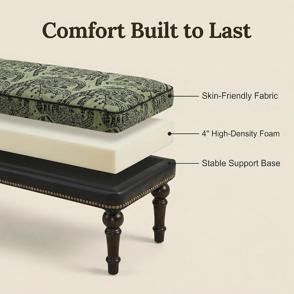 Forteek 47" End of Bed Bench, Traditional Upholstered Bedroom Bench with Removable Washable Jacquard Fabric Cover, Nailhead Trim, Vintage Accent Bench for Bedroom Living Room Entryway(Vintage Green)