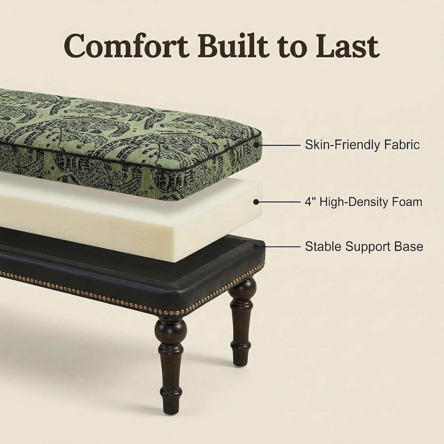 Forteek 47" End of Bed Bench, Traditional Upholstered Bedroom Bench with Removable Washable Jacquard Fabric Cover, Nailhead Trim, Vintage Accent Bench for Bedroom Living Room Entryway(Vintage Green)