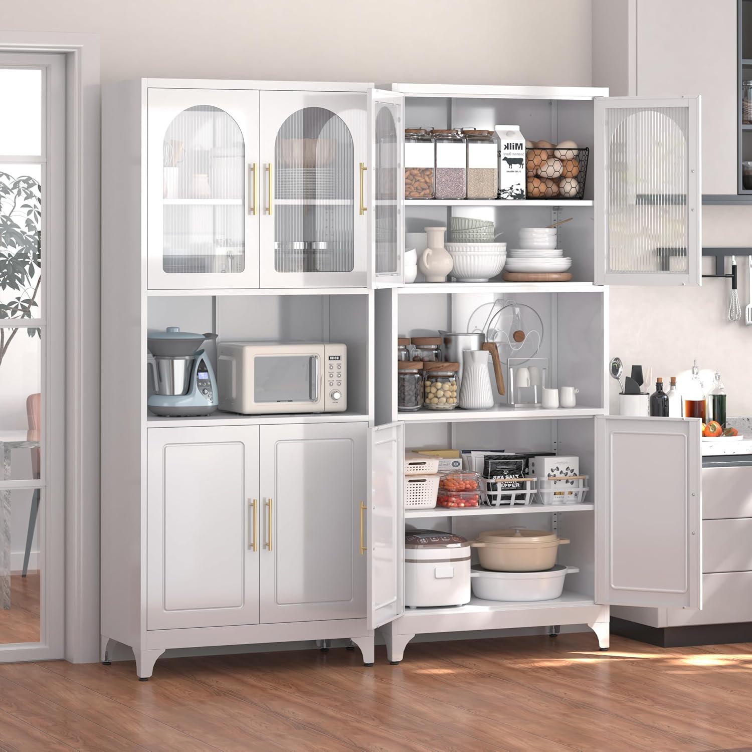 Kitchen Pantry Cabinet with Acrylic Glass Doors, 75" Freestanding Food Pantry with Countertop, Adjustable Shelves, Metal Cabinet for Living, Dining Room, White, Assembly Required