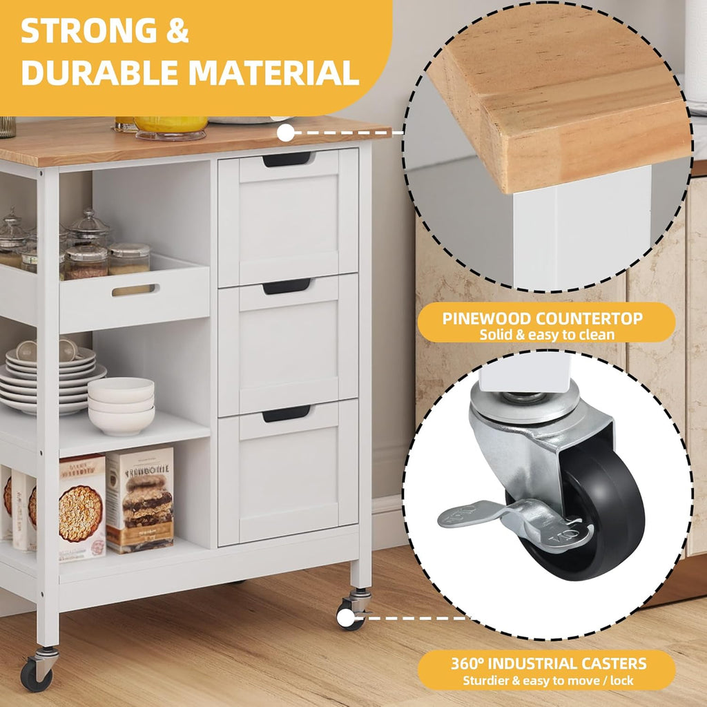 DWVO Solid Wood Top Rolling Kitchen Island Cart, 3 Tier Mobile Kitchen Storage Island Cart with 3 Drawers and 3 Opening Storage Shelves for Kitchen & Dining Area, White