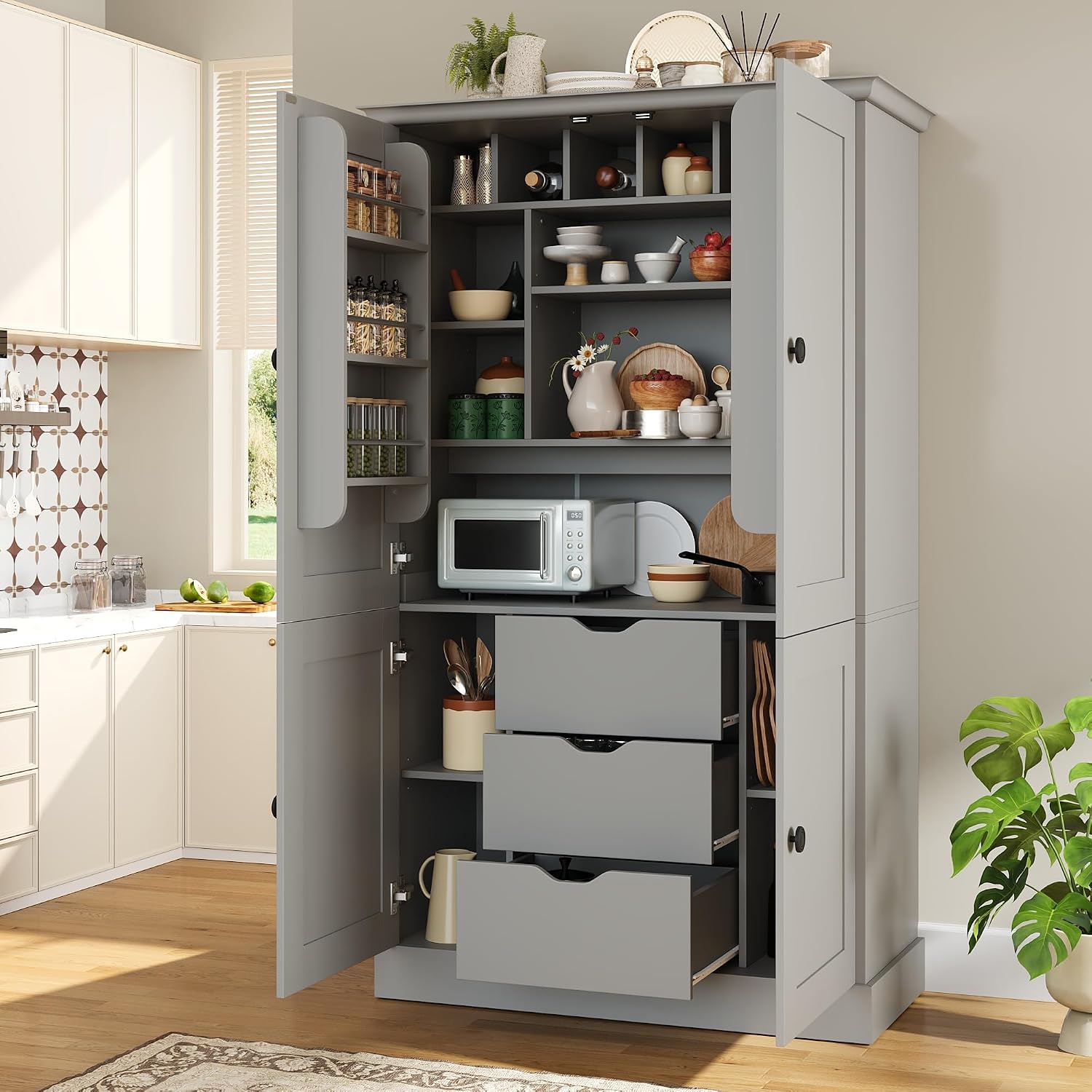 Virubi 42.3x20.0x70.9 inch Freestanding Kitchen Pantry Cabinet, Tall Storage Workstation with 4 Doors, 3 Drawers, 6 Door Shelves, Removable Shelves & 6 Wine Racks for Dining (Grey)