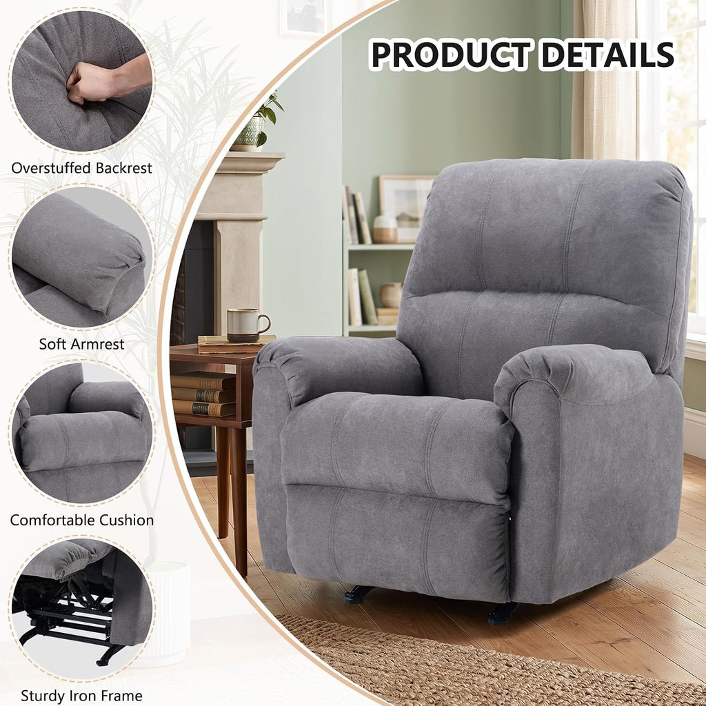 CANMOV Rocker Recliner Chair, Soft Fabric Manual Recliner Chair with Overstuffed Back and Arms, Single Sofa Nursery Rocking Chairs for Living Room, Grey