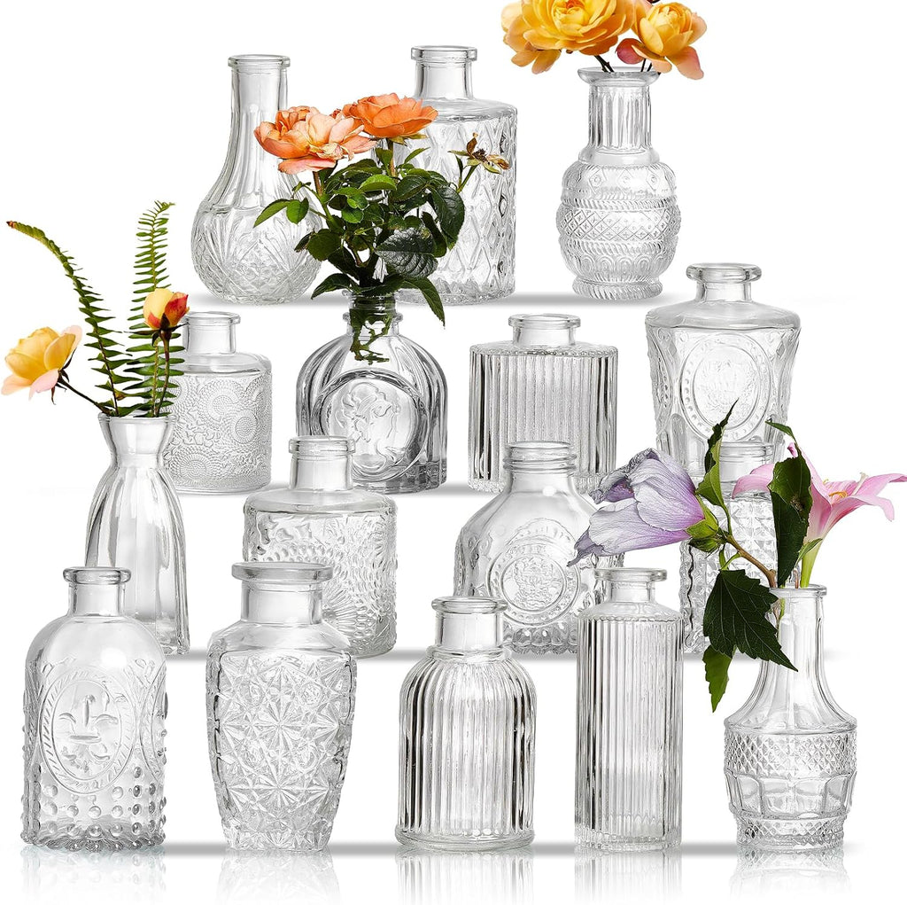 Glass Bud Vases Set of 16 - Assorted Small Mini Glass Vases for Flowers, Crystal Vintage Vase Set, Bulk Centerpieces for Table Décor, Wedding, Home and Events (Clear, 16 Pcs)