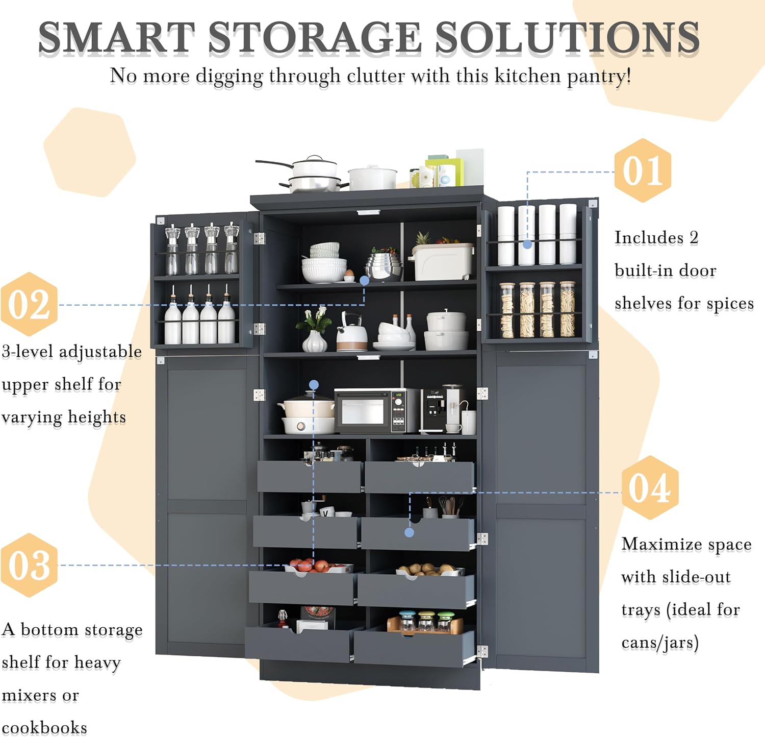 71" Tall Kitchen Pantry Cabinet with 4 Doors, 8 Pull-out Trays (Gray) | Adjustable Shelves, Freestanding Storage Cabinet for Kitchen Dining Room Living Room, Anti-Tip Design