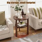 Round End Table, Solid Rubberwood 2-Tier Side Table with Open Storage Shelf, Small Accent Table for Living Room, Bedroom, Sofa Side and Small Spaces