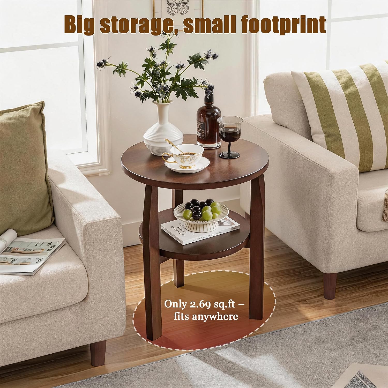 Round End Table, Solid Rubberwood 2-Tier Side Table with Open Storage Shelf, Small Accent Table for Living Room, Bedroom, Sofa Side and Small Spaces