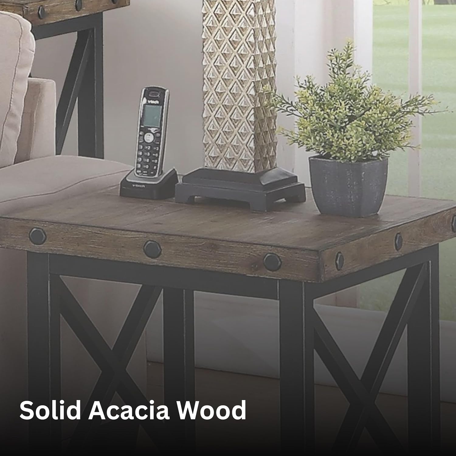 Flexsteel Craftsman Solid Acacia Wood End Table, Rustic Industrial with Lower Shelf, Hand Worked Metal Frame, Distressed Side Table Living Room Furniture, Farmhouse Nightstand (Light Brown)