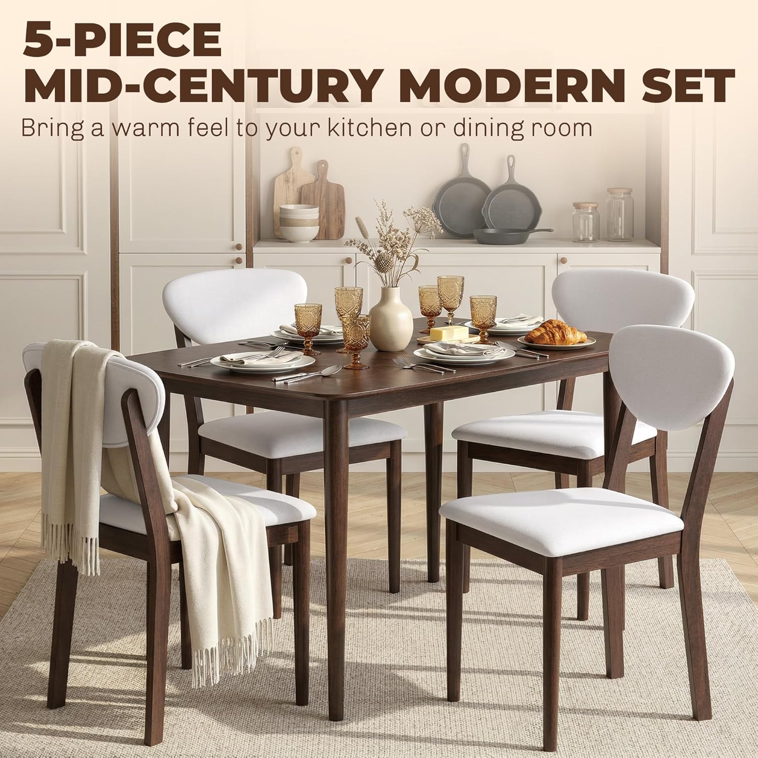 HOMCOM 5-Piece Dining Table Set for 4, Mid-Century Modern Kitchen Table and Chairs with Padded Seats and Backrests, Solid Wood Frame for Small Space, Dining Room, Living Room, Cream White