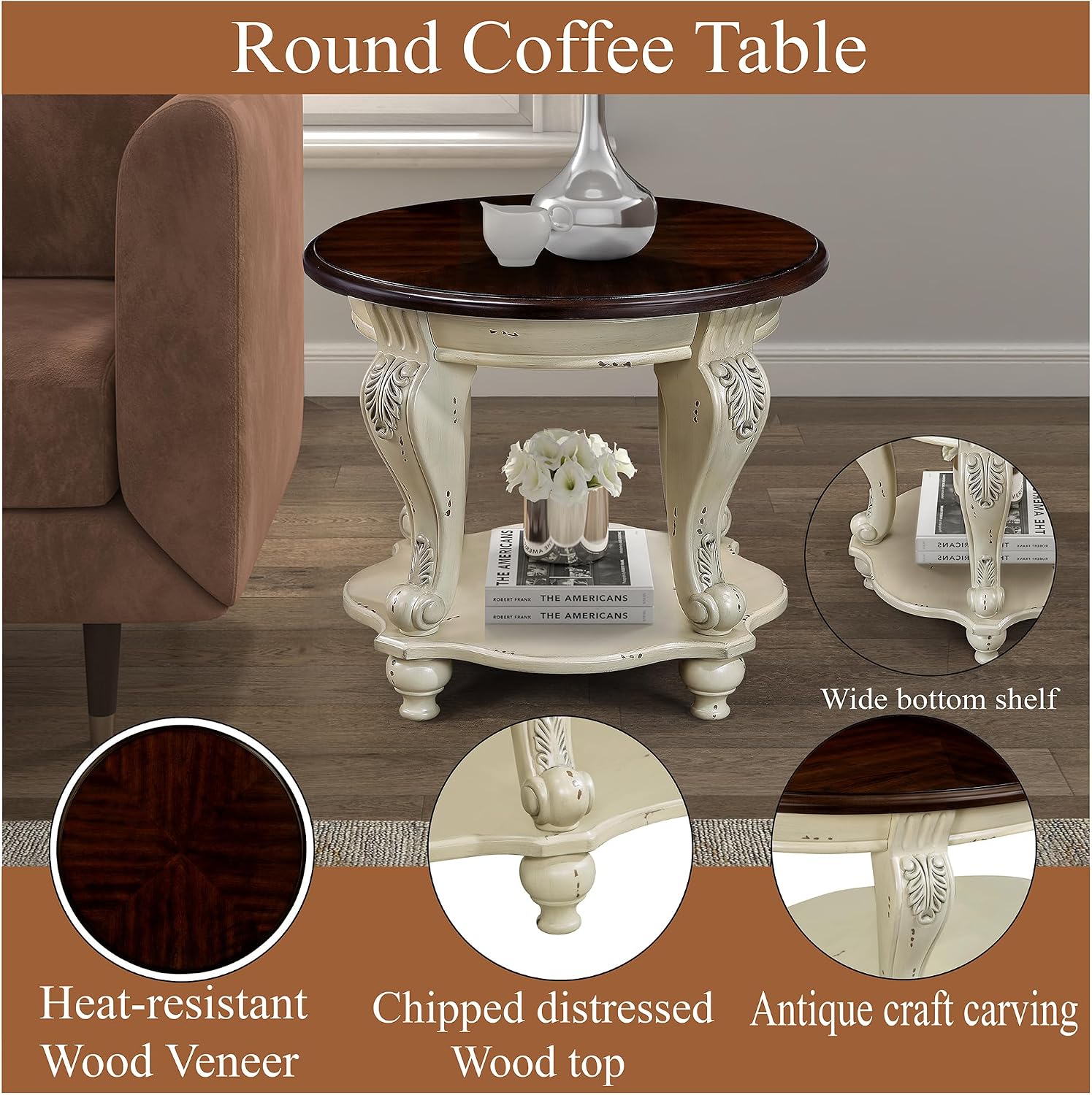 P PURLOVE 22'' Two Tone Round End Table with Shelf for Living Room, Solid Wood Frame, Easy Assemble (Beige and Espresso)