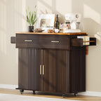 DHH Rolling Kitchen Island with Drop Leaf Countertop&Ample Storage - 39.4" Small Mobile Kitchen Cart On Wheels with Sliding Door,Drawers,Spice Rack & 2-Tier Storage (Dark Walnut)