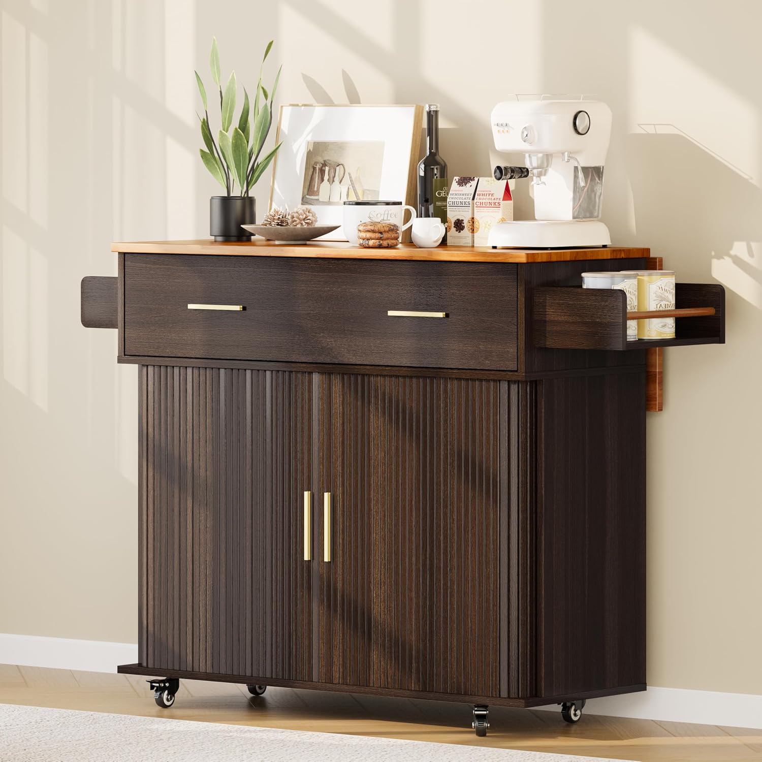DHH Rolling Kitchen Island with Drop Leaf Countertop&Ample Storage - 39.4" Small Mobile Kitchen Cart On Wheels with Sliding Door,Drawers,Spice Rack & 2-Tier Storage (Dark Walnut)