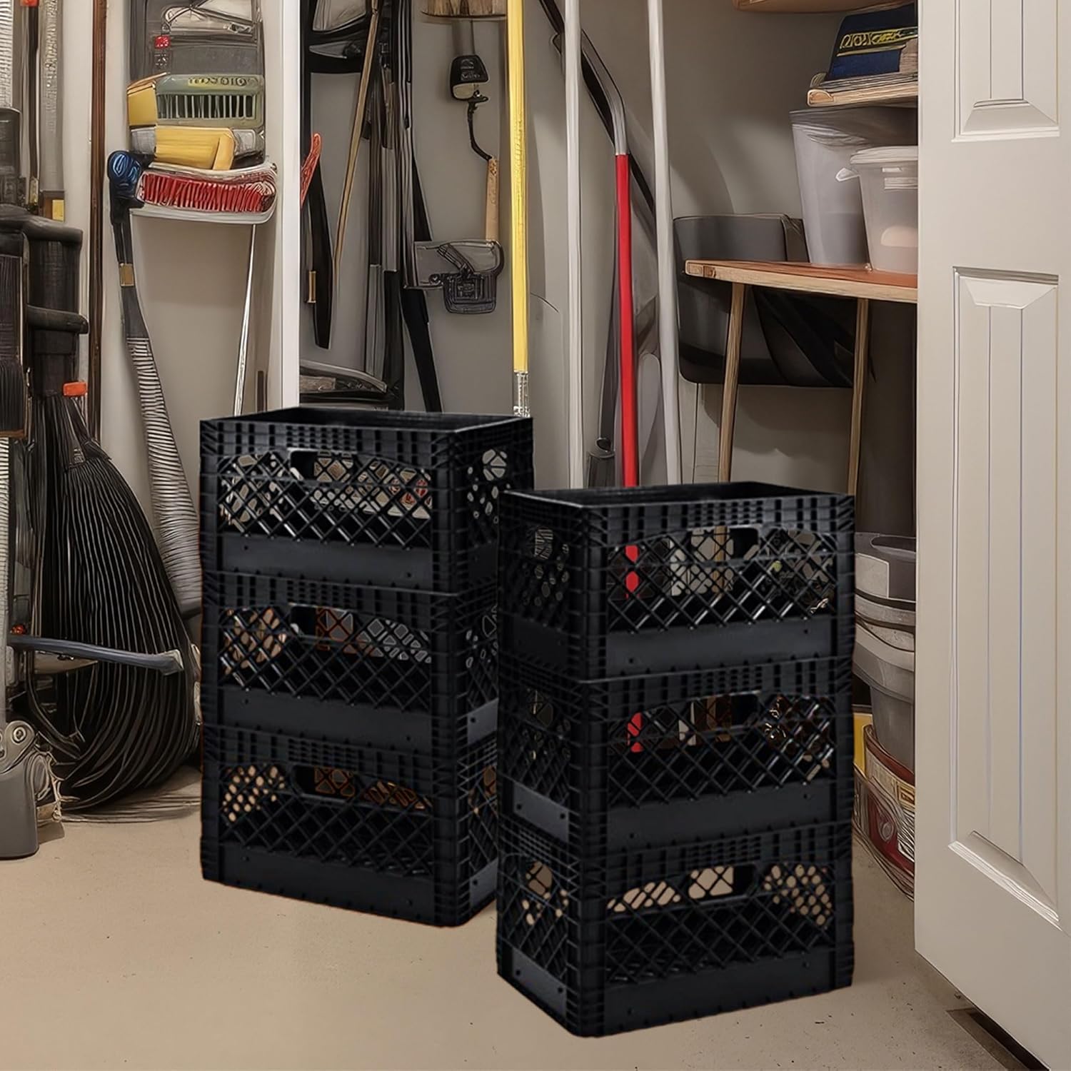 Juggernaut Storage 3-Pack 24-Quart Heavy-Duty Plastic Stackable Milk Crates with Handles, Black – Open Bin Basket Organizers for Home, Office, Dorm, and Car Organization