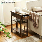 Solid Wood Narrow End Table with Drawer and 3-Tier Storage, Slim Nightstand for Small Spaces, Side Table with Shelves for Living Room, Bedroom, Easy Assembly Walnut 23.6X23.6X11in