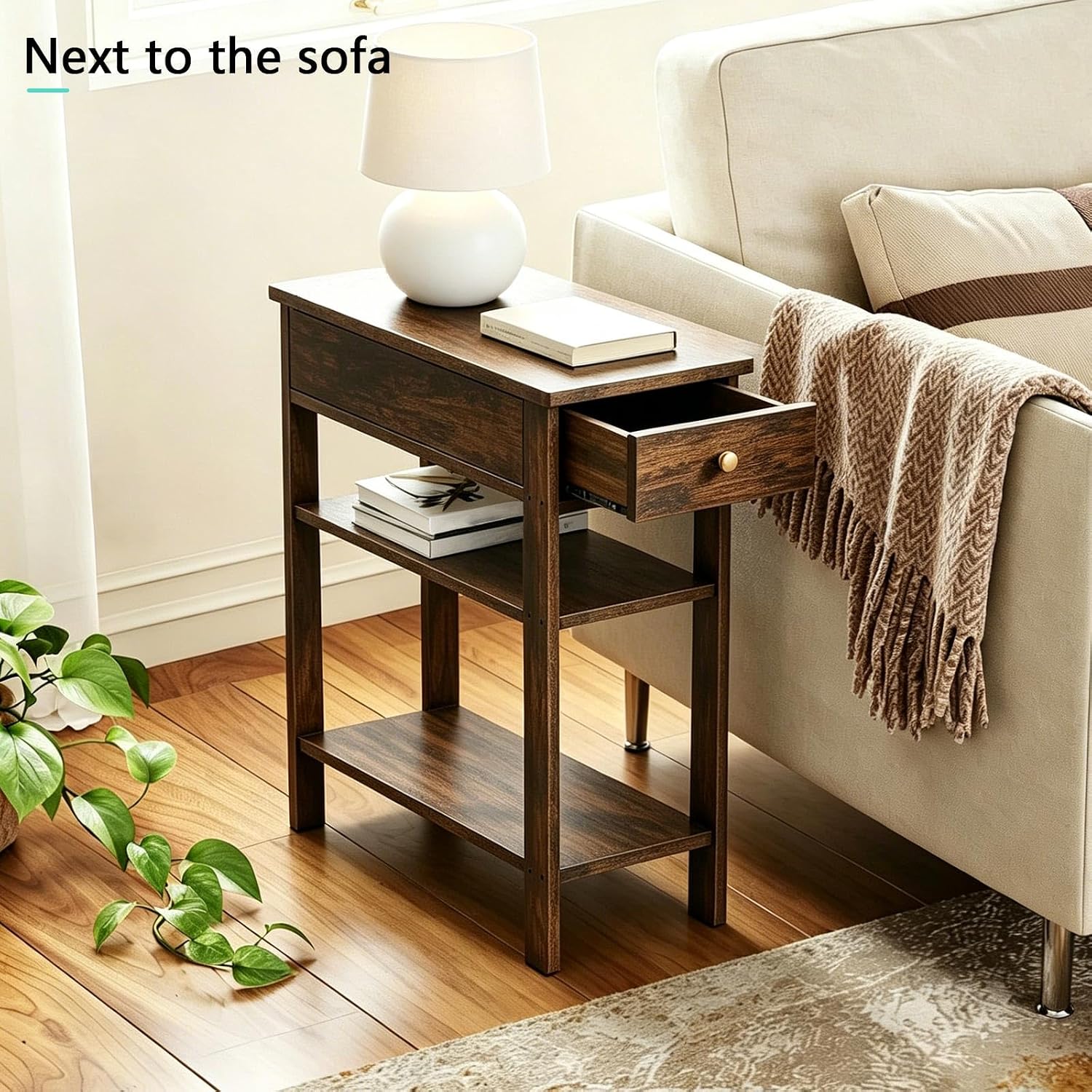 Solid Wood Narrow End Table with Drawer and 3-Tier Storage, Slim Nightstand for Small Spaces, Side Table with Shelves for Living Room, Bedroom, Easy Assembly Walnut 23.6X23.6X11in