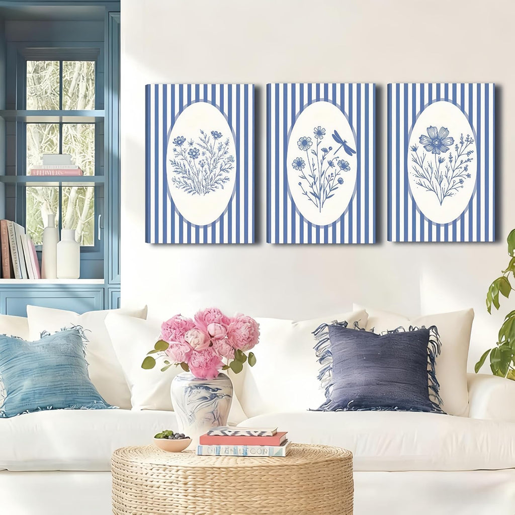 3pcs Blue Striped Floral Canvas Wall Art Minimalist Wildflower Silhouette Poster Print Rustic Farmhouse Decor For Bedroom Bathroom Living Room Office Kitchen Wall Deco( 12×18in Stretched Canvas on A Wooden Frame)