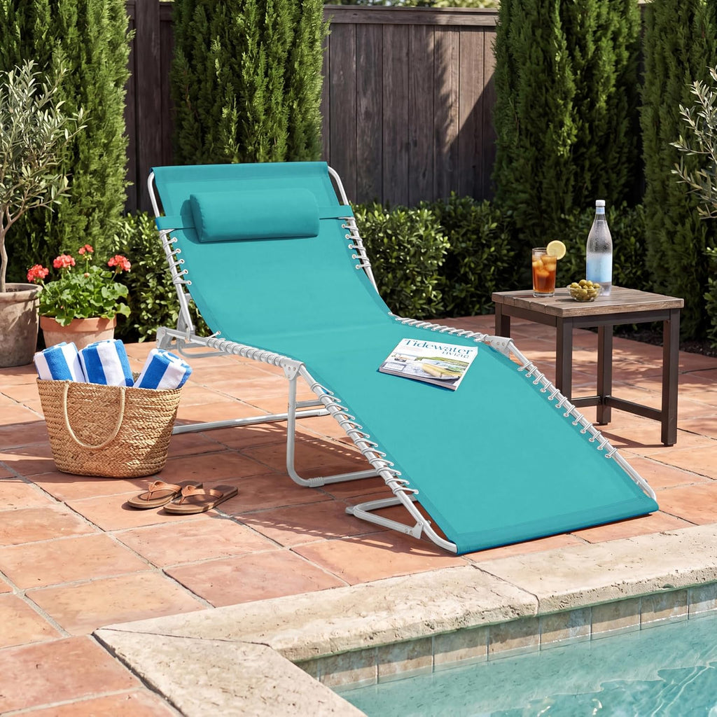 Best Choice Products Patio Chaise Lounge Chair, Portable Outdoor Folding Recliner for Lawn, w/ 8 Positions, Handles, 300lb Capacity - Light Blue/White