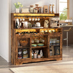 Loomie Wine Bar Cabinet with LED Light, Liquor Cabinet with Glass Holder, Coffee Bar for Liquor, Storage Buffet with Wine Racks, Wine Cabinet with Mesh Door (Rustic)