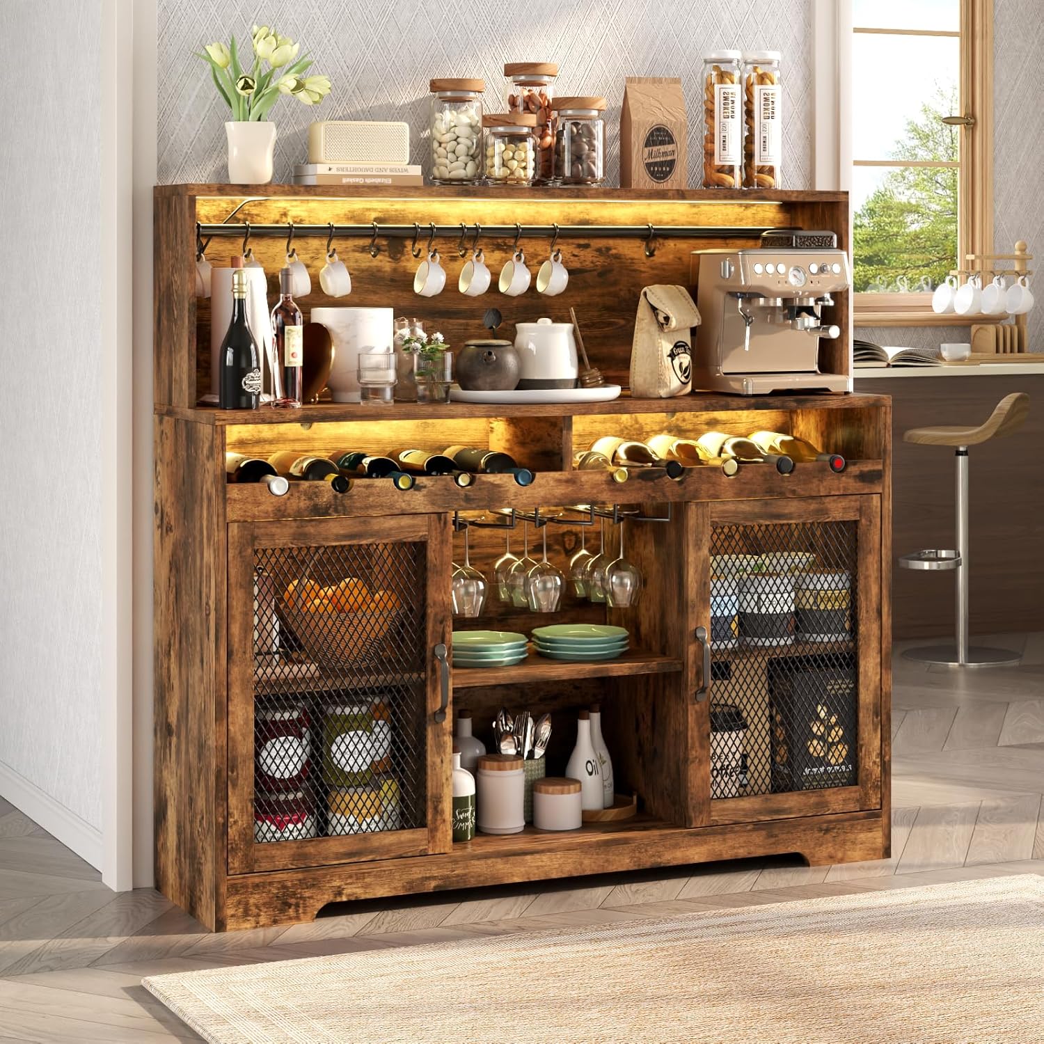 Loomie Wine Bar Cabinet with LED Light, Liquor Cabinet with Glass Holder, Coffee Bar for Liquor, Storage Buffet with Wine Racks, Wine Cabinet with Mesh Door (Rustic)