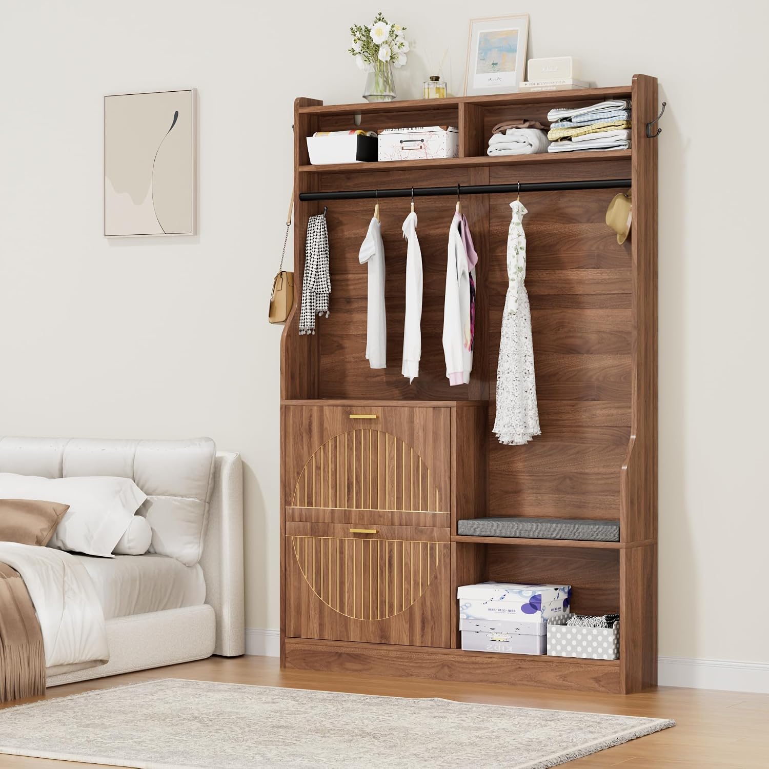 78" Tall Hall Tree with Bench and Shoe Storage, Entryway Hall Tree with Hanging Rod, 4 Hooks, Flip Shoe Cabinet and Storage Shelves, Modern Rustic Entryway Furniture for Mudroom ,Hallway (Walnut)
