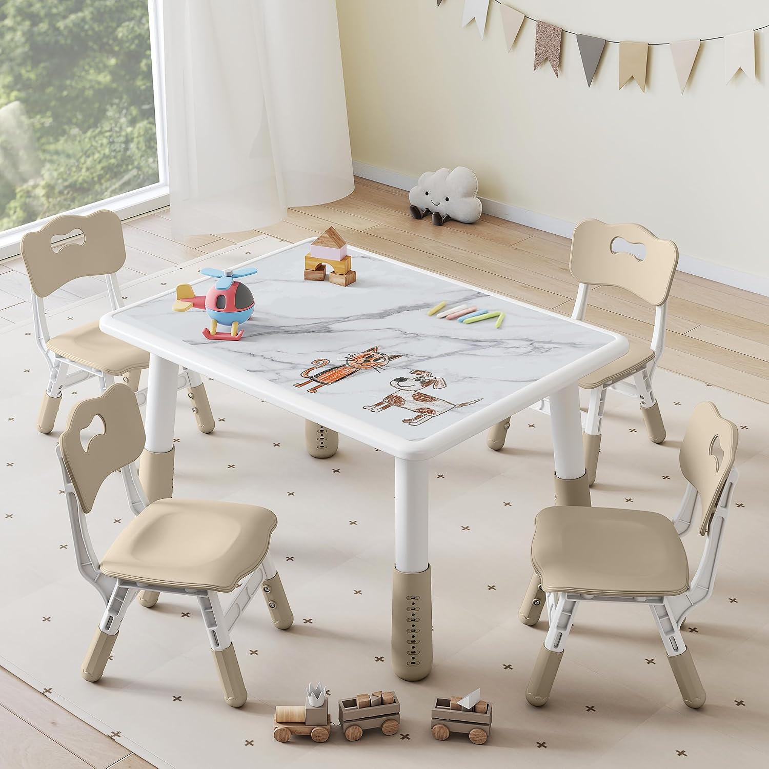 DOREROOM Toddler Table and 4 Chairs Set, Height Adjustable Kids Table and Chair Set, 31.5''L x 23.6''W, Marble Pattern & Graffiti Desktop, Children Multi-Activity Table for Home/Daycare/Classroom