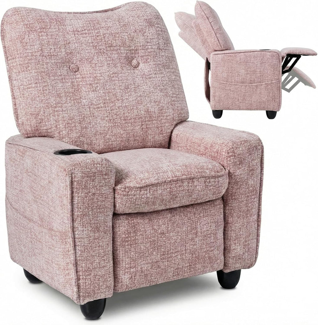 INFANS Kids Recliner, Toddler Lounge Chair with Adjustable Backrest Footrest Side Pockets Cup Holder 90 lbs Load, Velvet Fabric Toddler Couch