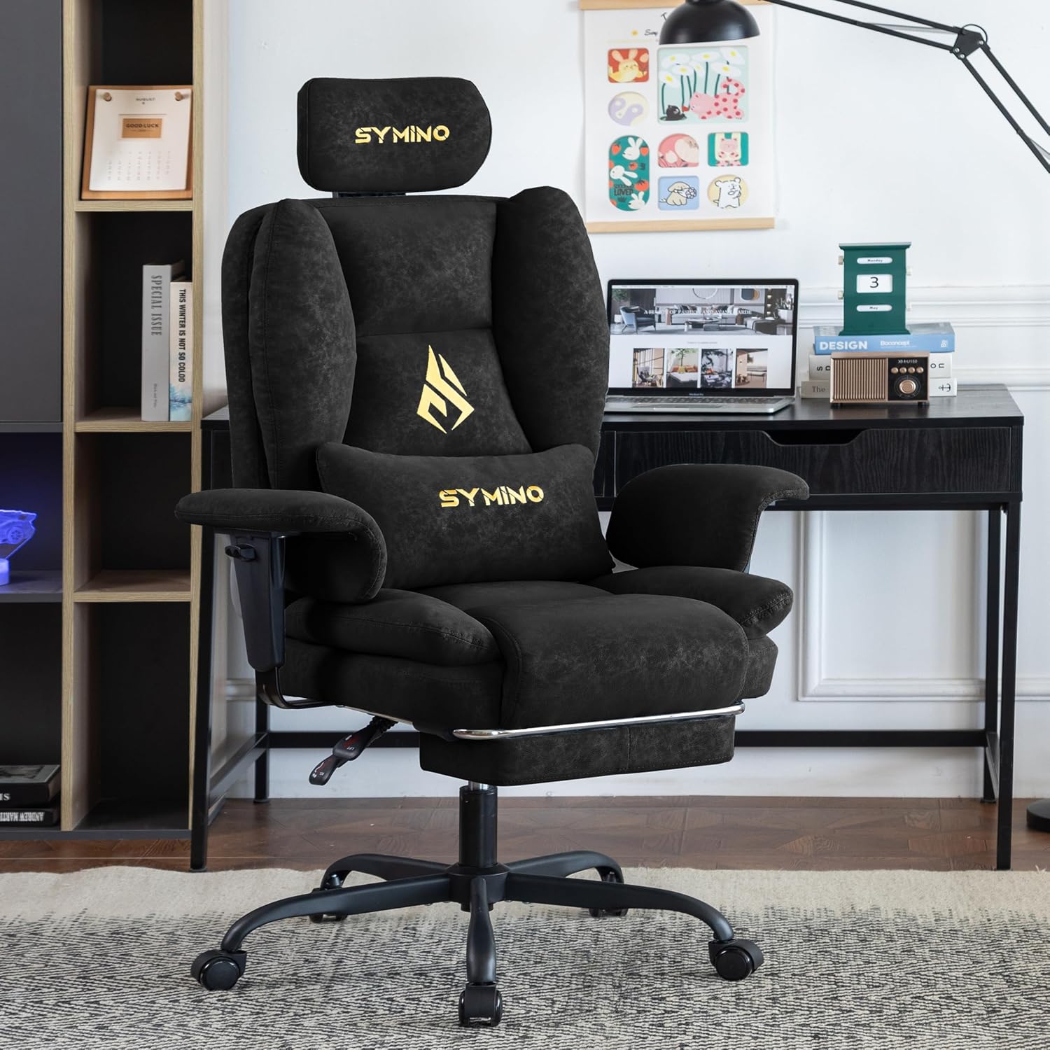 Symino Gaming Chair with Foot Rest, Unique Up/Down Armrests, PU Leather Ergonomic High Back Chair, 150° Recline Solid Color Computer Desk Chair, Black