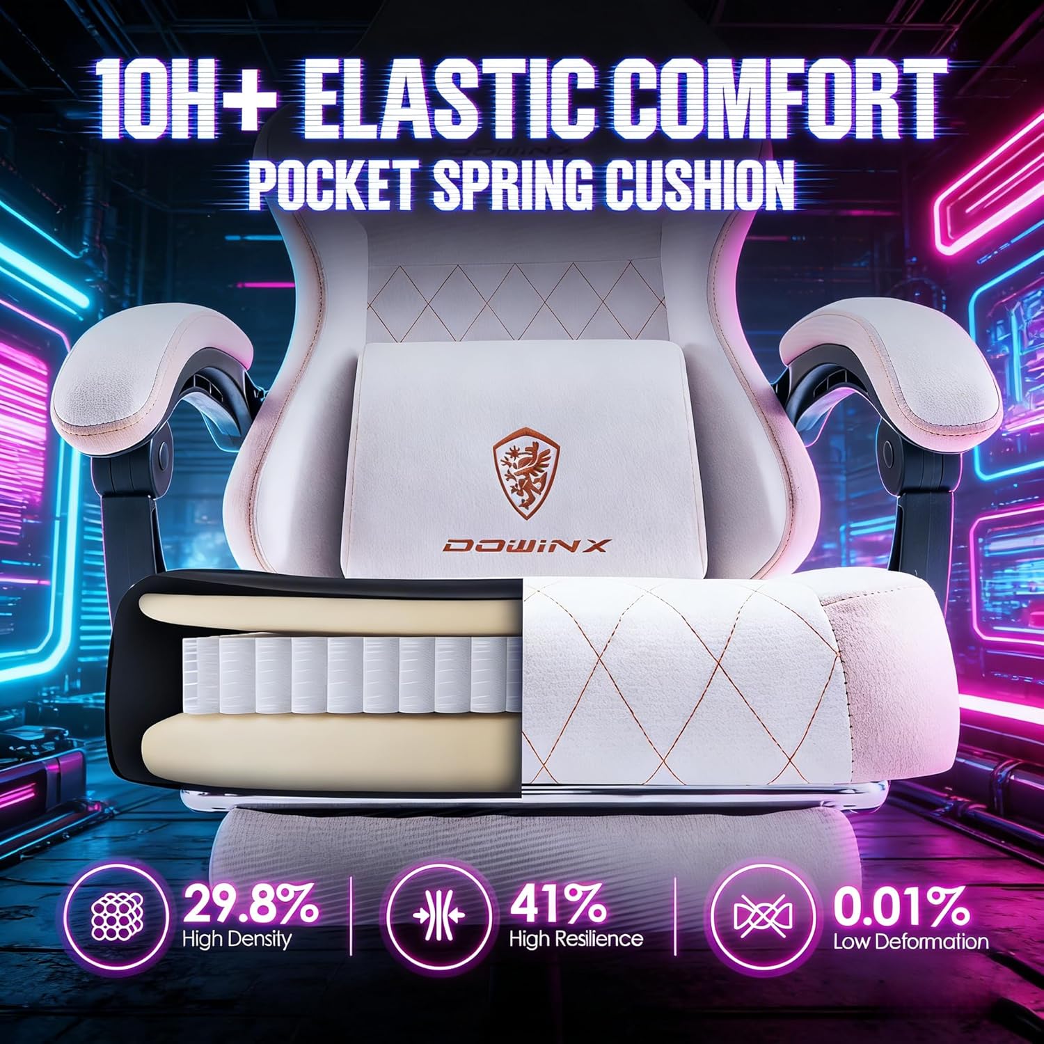 Dowinx Gaming Chair with Pocket Spring Cushion, Massage Lumbar Pillow & Footrest, Wide Seat with Padded Armrests, Breathable Fabric, Reclining Computer Chair for Home Office-Beige