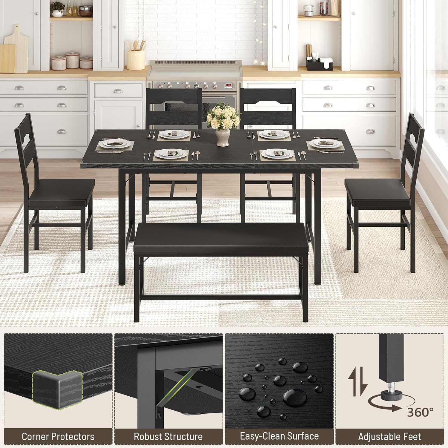 6-Piece Dining Table Set for 4-8, 63" Extendable Kitchen Table with 4 PU Upholstered Dining Room Chairs & Bench, Heavy-Duty Metal Frame, Space-Saving, for Small Space, Office, Kitchen, Black