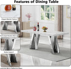 70" Faux Marble White Silver Dining Table for 6, Modern Dining Room Table with 0.71" Marble Printing MDF Top and Flash-Shaped Stainless Steel Base,Rectangular Large Kitchen Dinner Table