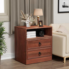 Bigbiglife Farmhouse End Table with Charging Station, 21.7inch Wide Bedside Table for Living Room, Sofa Side Table with Drawers and Open Shelf, Nightstand for Bedroom(Cherry Brown)