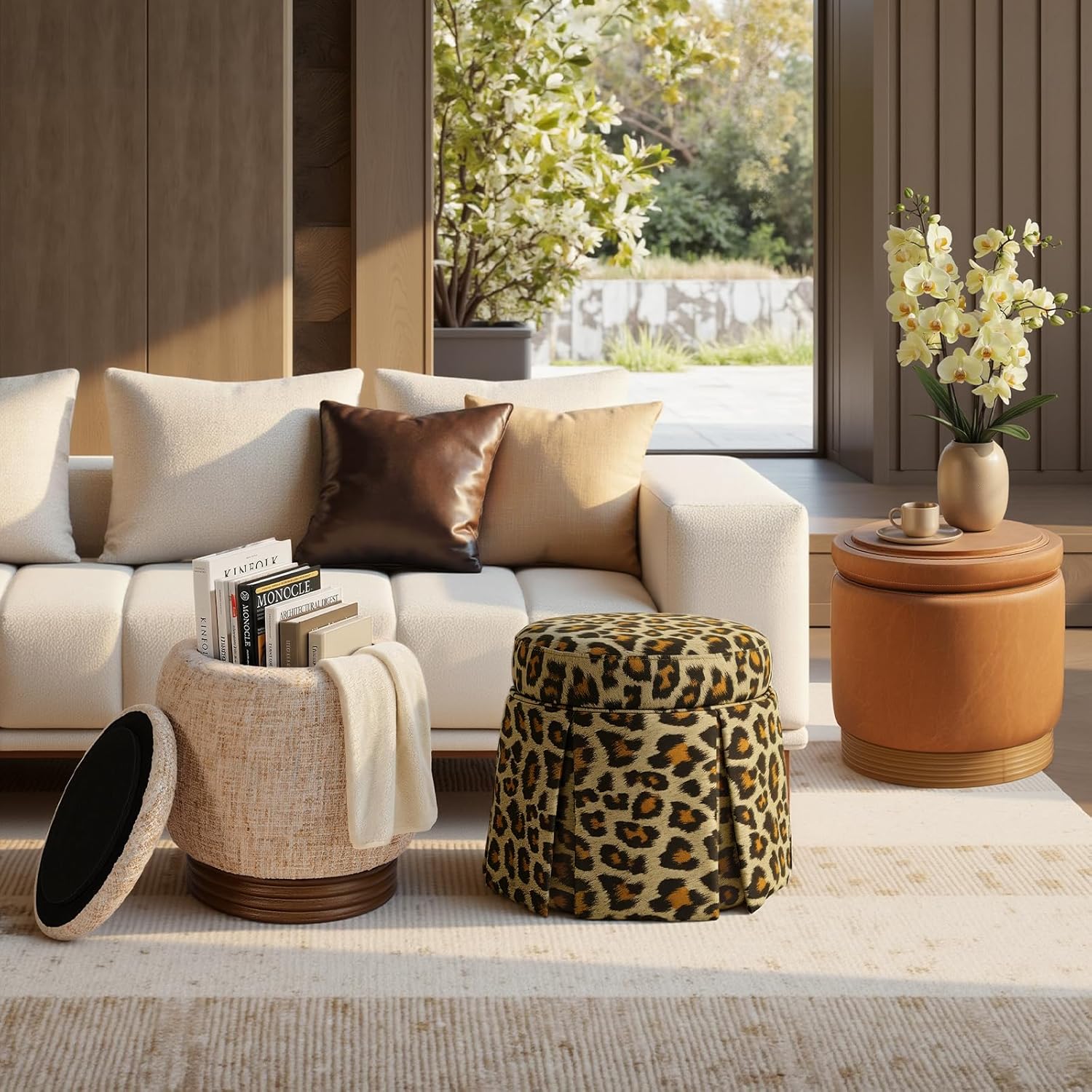 19" Round Swivel Storage Ottoman with Tray Top, Upholstered Faux Leather Foot Stool with Solid Acacia Wood Base 500 lbs Modern Accent Footrest for Living Room & Bedroom Fully Assembled Brown