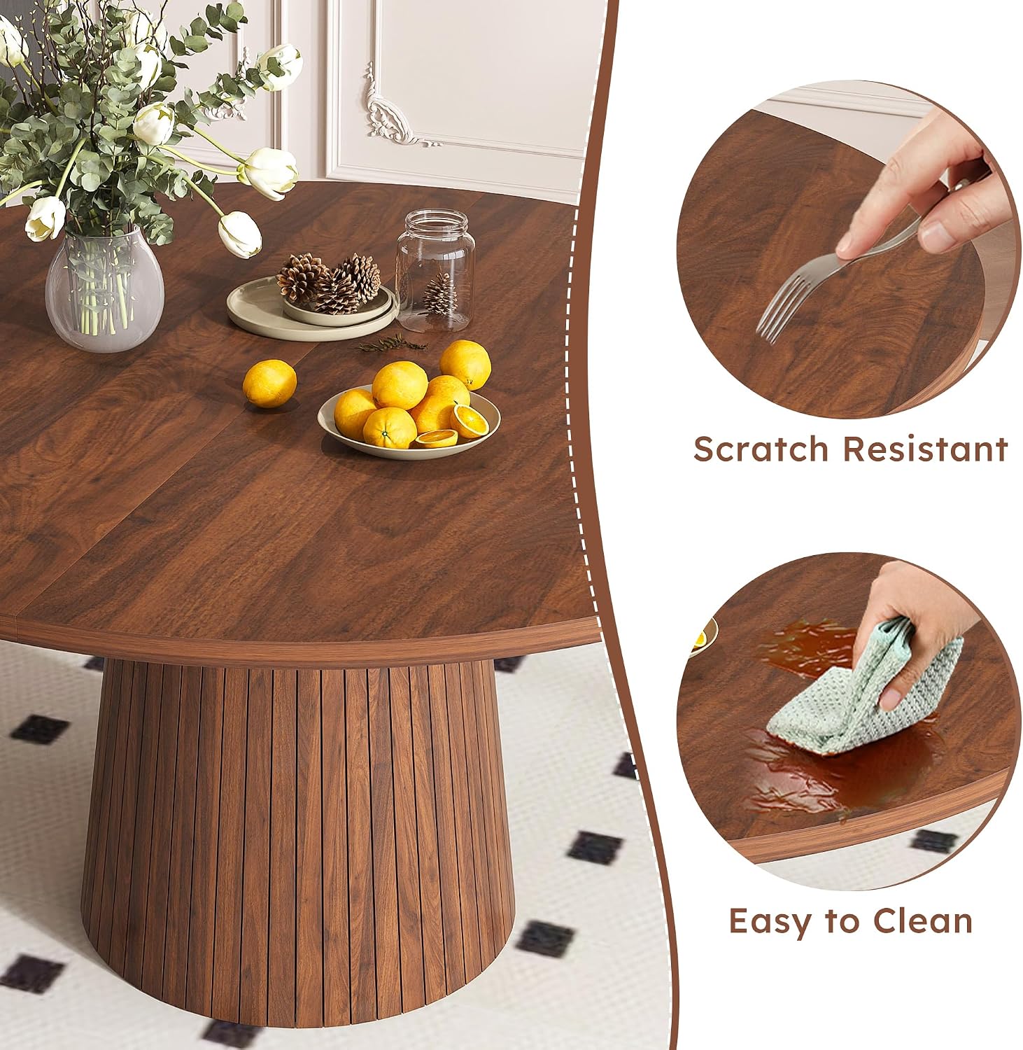 47" Round Dining Table for 4, Modern Farmhouse Kitchen Table with Wood Strip Base, Walnut Finish Circle Tables for Kitchen and Living Room Walnut