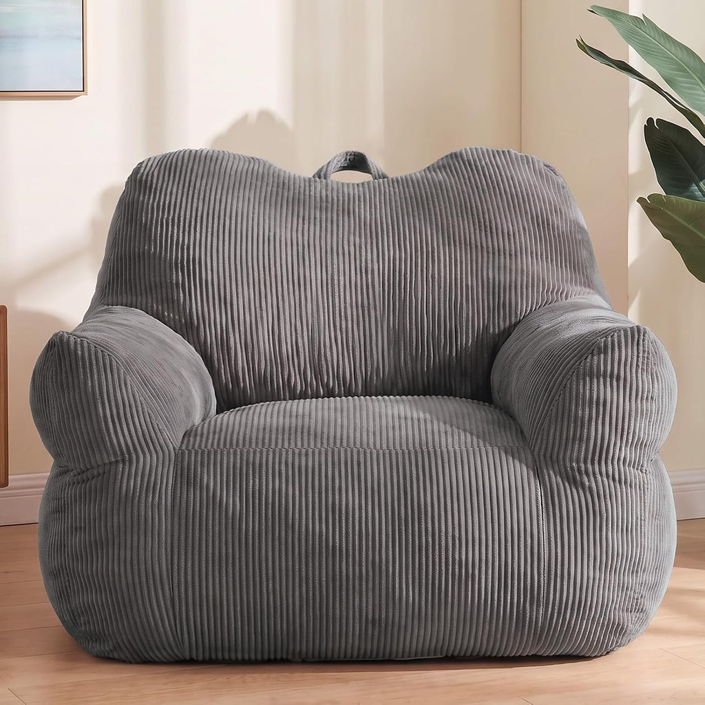 HUGHEAVEN Big Bean Bag Chair for Adults, Giant Oversized Bean Bag Couch, Comfy Reading Chair with Armrests, Soft Cozy Chair for Bedroom, Lounge Sofa for Gaming, Napping & Relaxing, Grey