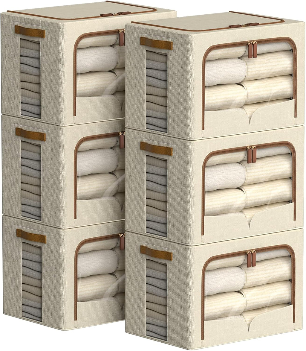 FHSQX 6 Pack Clothes Storage Bins - Foldable Storage Bins for Clothes Fabric Storage Box with Metal Frame (Beige, 16.5x12.2x12.2 inch)
